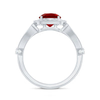 Antique Looking Lab Grown Ruby Engagement Ring with Diamond Halo
