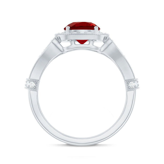 Antique-style lab-grown ruby engagement ring with diamond halo and intricate metalwork, showcasing elegance and craftsmanship.