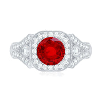 Antique Looking Lab Grown Ruby Engagement Ring with Diamond Halo