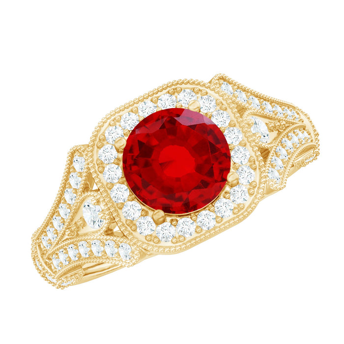 Antique-style lab-grown ruby engagement ring with diamond halo, featuring intricate metalwork and a vintage-inspired design by Rosec Jewels.