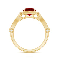 Antique Looking Lab Grown Ruby Engagement Ring with Diamond Halo