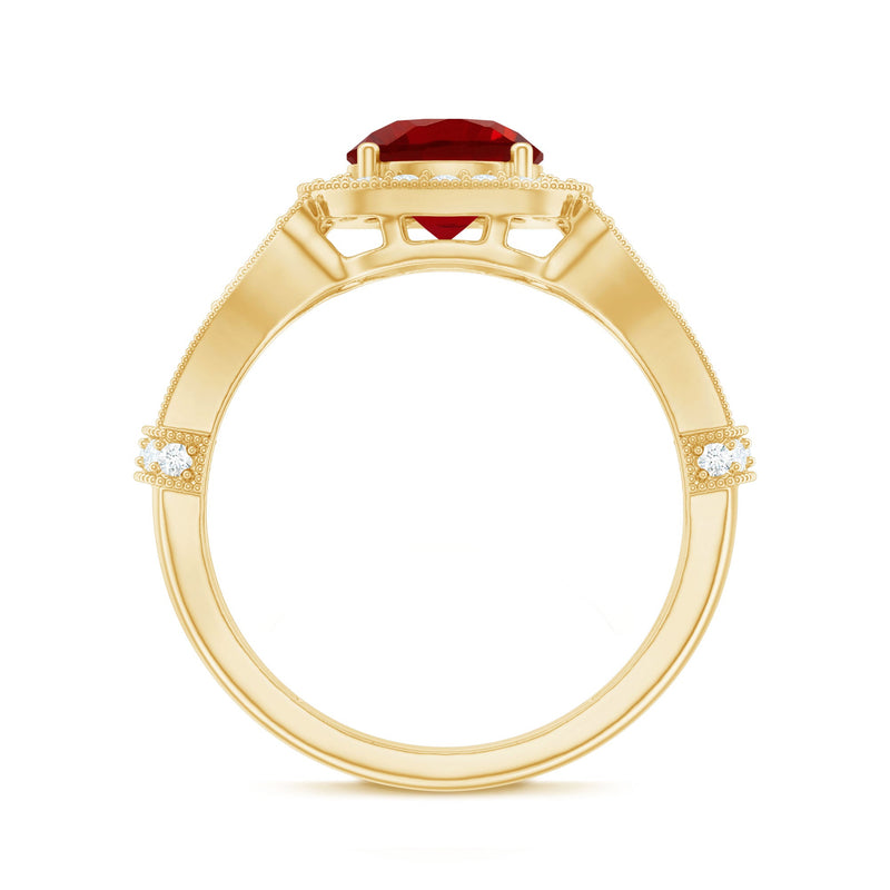 Antique-style lab-grown ruby engagement ring with diamond halo from Rosec Jewels, featuring intricate vintage detailing.