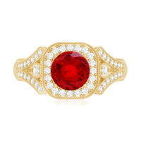 Antique Looking Lab Grown Ruby Engagement Ring with Diamond Halo