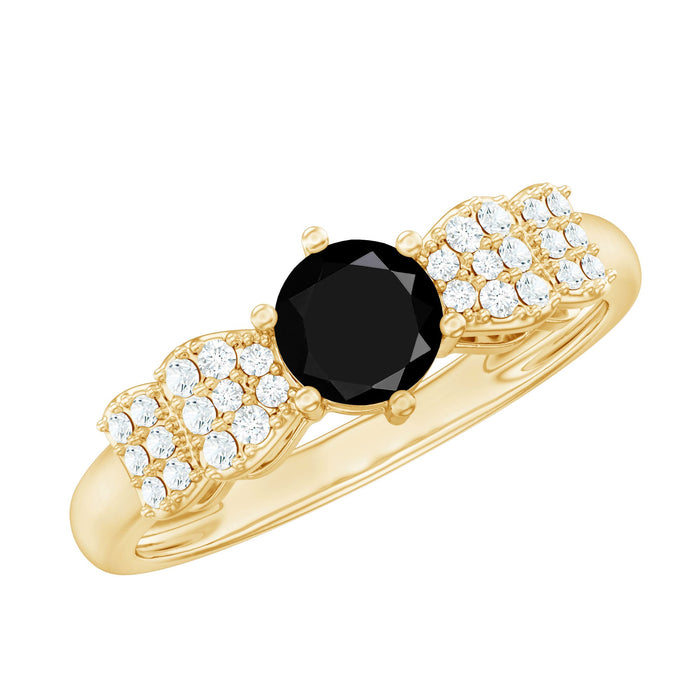 Black diamond solitaire engagement ring with white diamond accents by Rosec Jewels, showcasing the ring's elegant design and sparkle.