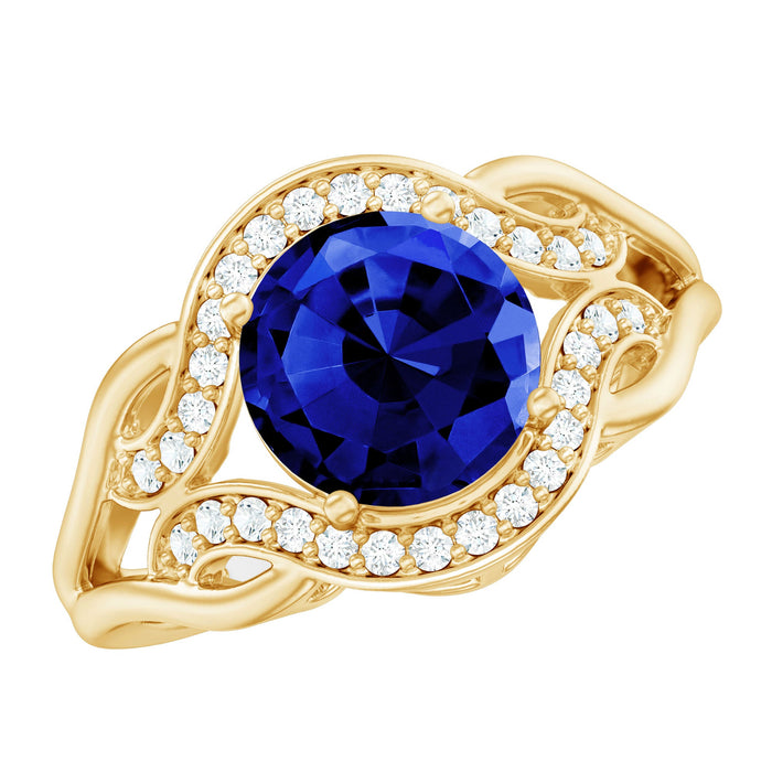 Certified lab-grown blue sapphire antique engagement ring with diamond accents, featuring intricate rose gold detailing by Rosec Jewels.