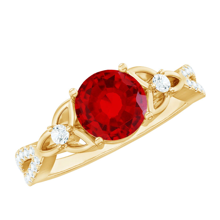 Certified lab-created ruby solitaire engagement ring with diamond accents, featuring a silver band and elegant design by Rosec Jewels.