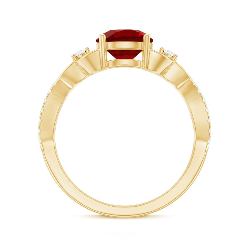 Certified lab-created ruby solitaire engagement ring with diamonds, featuring a sleek band and sparkling center stone by Rosec Jewels.