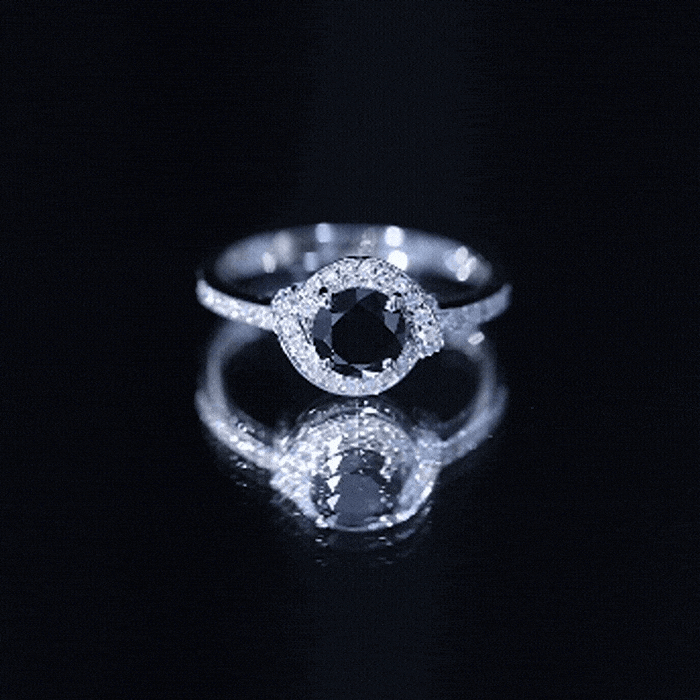 1.6 Carat Lab Grown Black Diamond Engagement Ring with White Diamond Halo