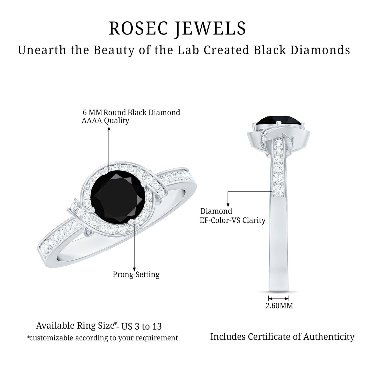 1.6 Carat Lab Grown Black Diamond Engagement Ring with White Diamond Halo
