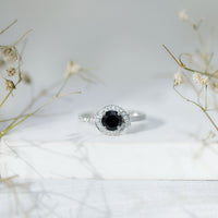 1.6 Carat Lab Grown Black Diamond Engagement Ring with White Diamond Halo