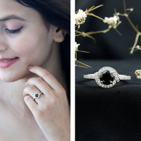 1.6 Carat Lab Grown Black Diamond Engagement Ring with White Diamond Halo