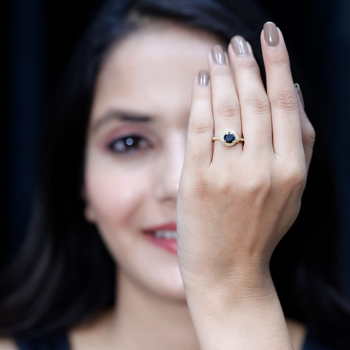 1.6 Carat Lab Grown Black Diamond Engagement Ring with White Diamond Halo