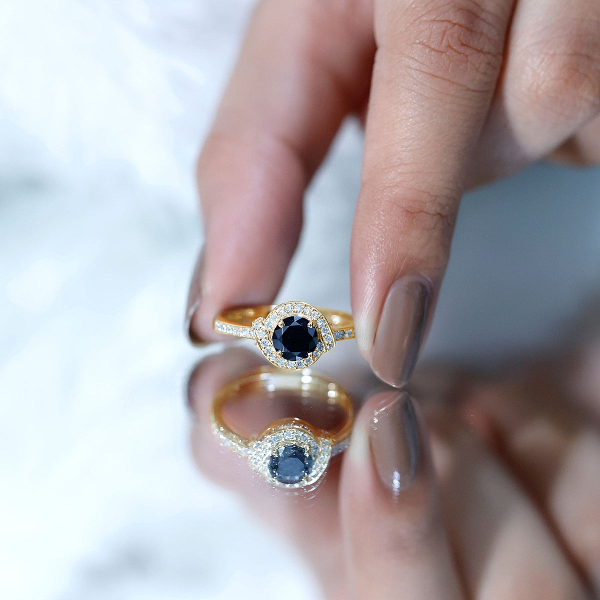 1.6 Carat Lab Grown Black Diamond Engagement Ring with White Diamond Halo