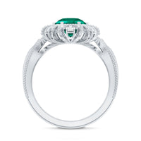 Lab Grown Emerald Vintage Style Flower Engagement Ring With Diamond