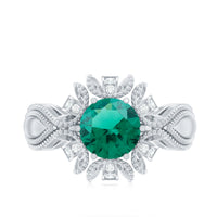 Lab Grown Emerald Vintage Style Flower Engagement Ring With Diamond