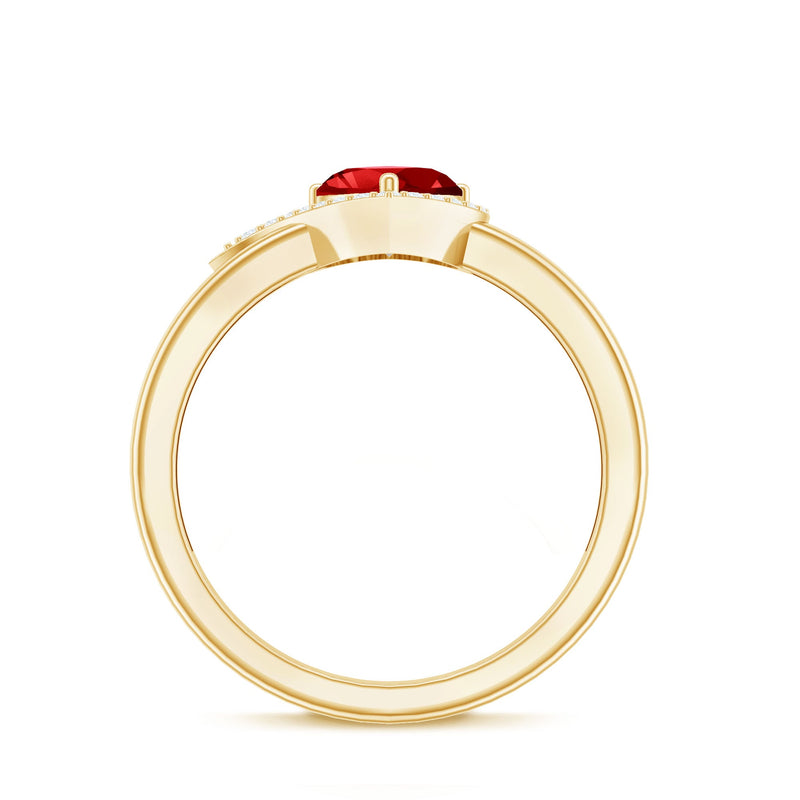 Lab grown ruby heart engagement ring with diamond halo, featuring a 6mm ruby and sparkling diamonds in a Rosec Jewels ring.