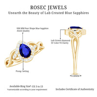 Certified 1.6 Carat Lab Grown Blue Sapphire Diamond Teardrop Engagement Ring with Crossover Shank