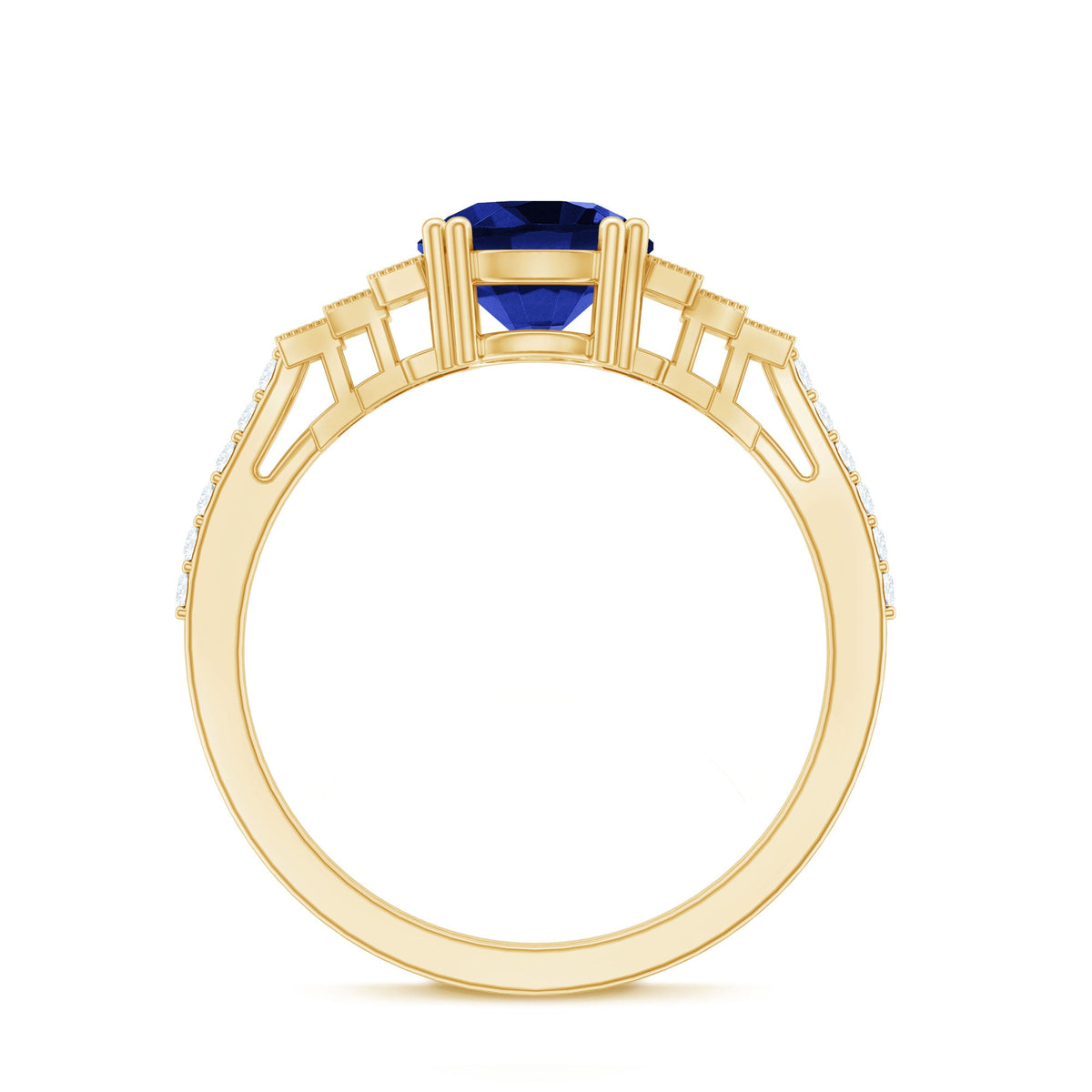 Vintage Style 2.7 Carat Lab Grown Blue Sapphire Engagement Ring with Diamond Side Stone