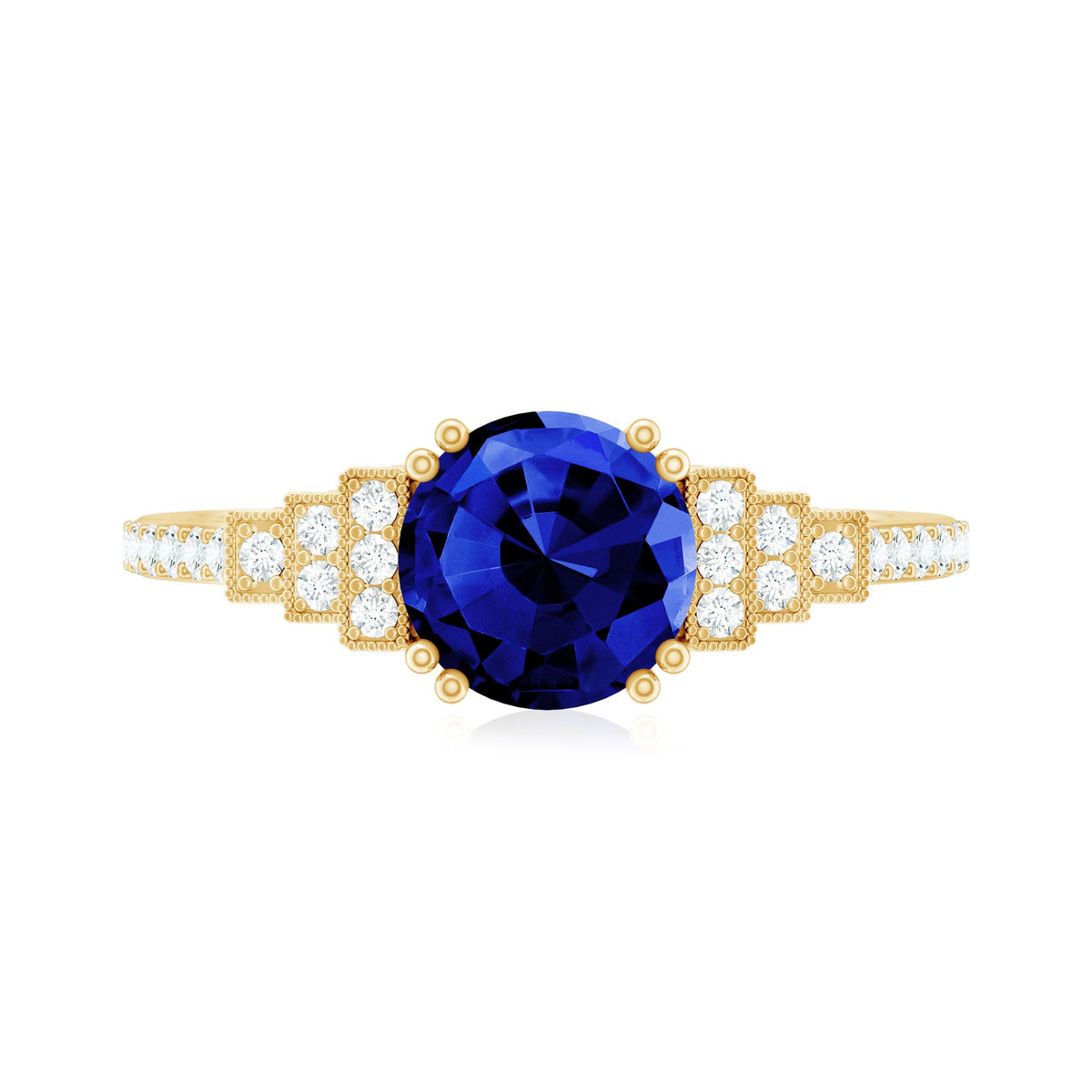 Vintage Style 2.7 Carat Lab Grown Blue Sapphire Engagement Ring with Diamond Side Stone