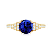 Vintage Style 2.7 Carat Lab Grown Blue Sapphire Engagement Ring with Diamond Side Stone