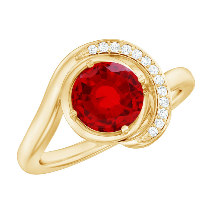 Certified 7mm lab-created ruby engagement ring with diamond half halo by Rosec Jewels, featuring a stunning red gemstone and sparkling accents.