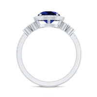 Certified 2.7 Carat Lab Grown Blue Sapphire Halo Engagement Ring with Diamond Flower