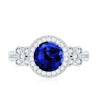 Certified 2.7 Carat Lab Grown Blue Sapphire Halo Engagement Ring with Diamond Flower