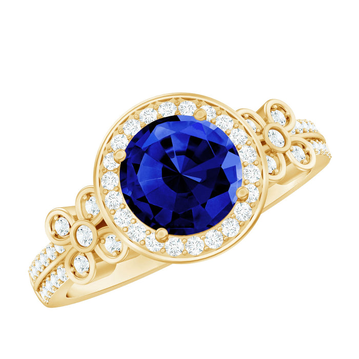 Certified 2.7 carat lab-grown blue sapphire halo engagement ring with diamond flower design, by Rosec Jewels.