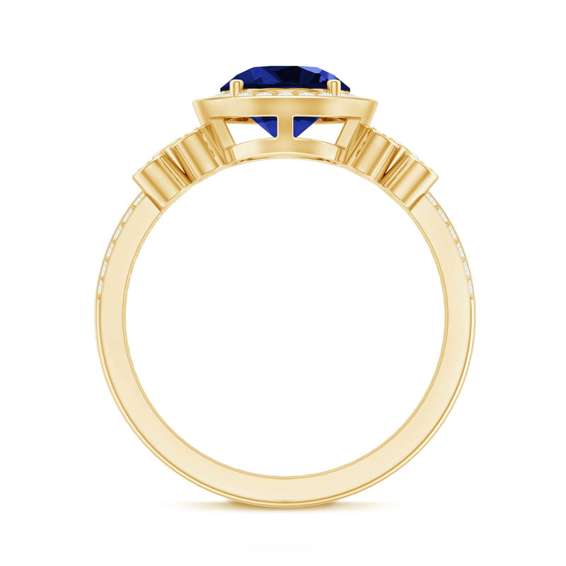 Rosec Jewels 2.7 Carat lab-grown blue sapphire halo engagement ring with diamond flower design, showcasing a stunning gemstone and intricate setting.