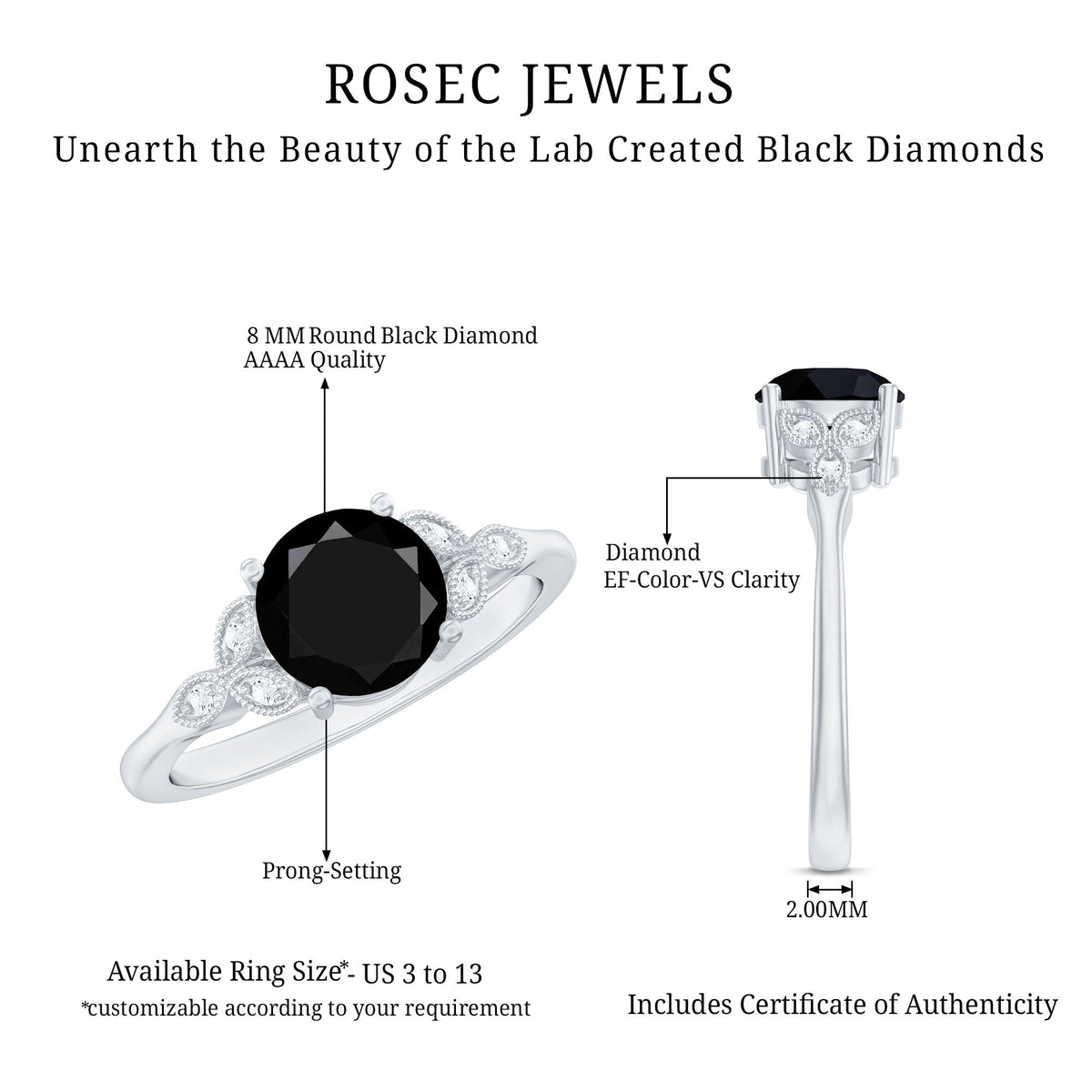 Certified 2 Carat Lab Grown Black Diamond Solitaire Engagement Ring with White Diamond