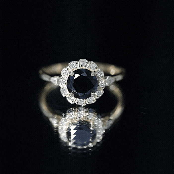 Certified lab-grown black diamond engagement ring with diamond accents, featuring a yellow gold band by Rosec Jewels.