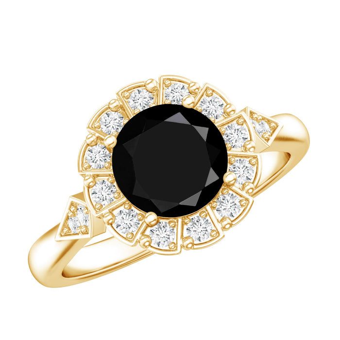 Certified lab-grown black diamond engagement ring with diamond accents from Rosec Jewels, featuring a sleek band and sparkling stones.