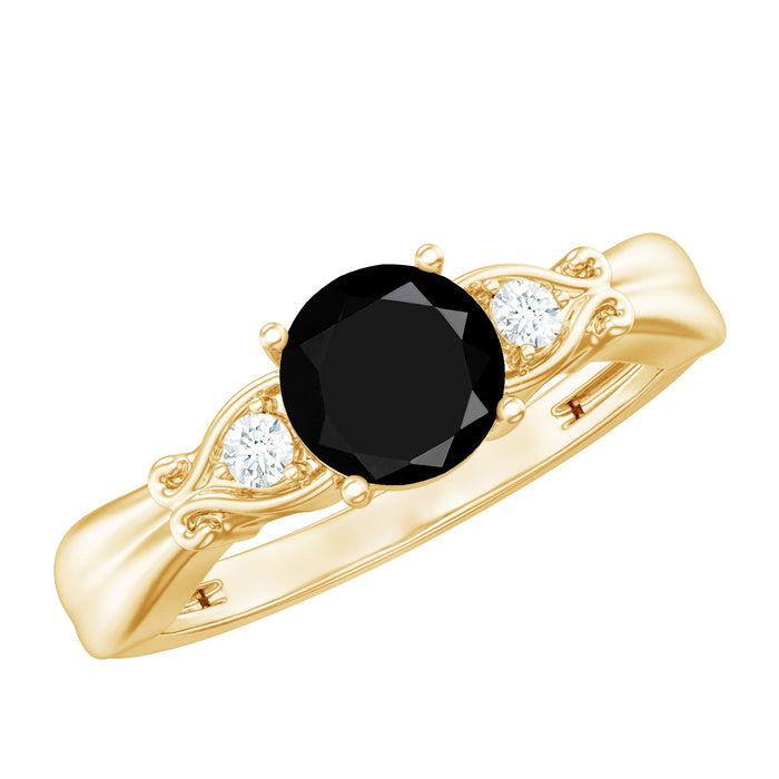 Lab grown black diamond engagement ring with white diamonds from Rosec Jewels, featuring a 1.3 carat center stone and intricate band.
