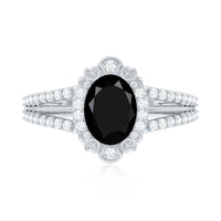 Vintage Style 1.9 Carat Lab Grown Black Diamond Oval Engagement Ring with Diamond Halo