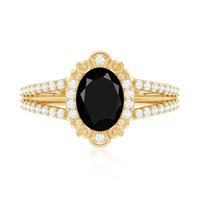 Vintage Style 1.9 Carat Lab Grown Black Diamond Oval Engagement Ring with Diamond Halo