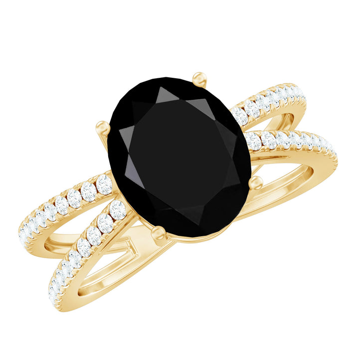 Rosec Jewels 4.2 carat lab-grown black diamond and white diamond statement engagement ring with intricate band detailing.