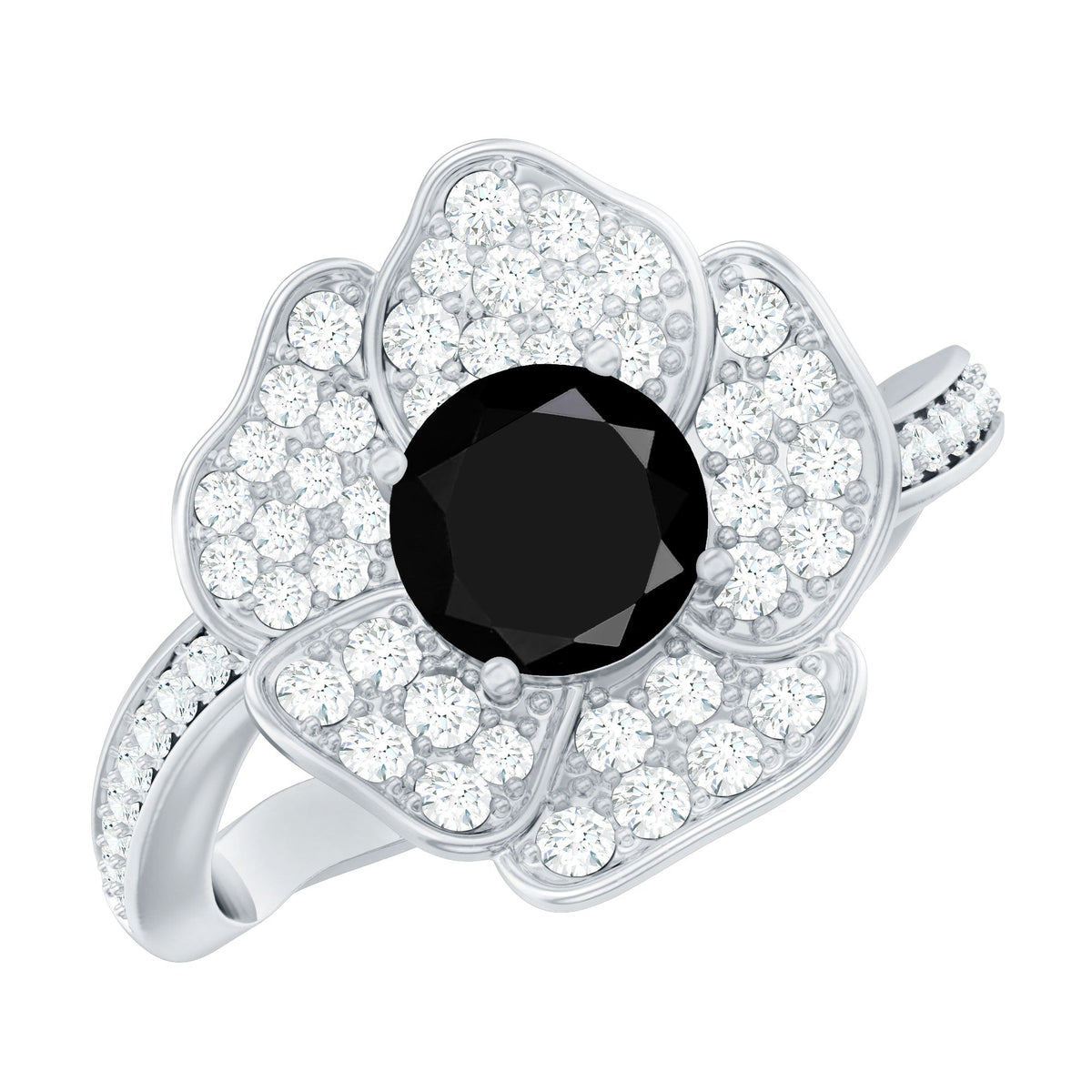 1.3 Carat Lab Grown Black Diamond Flower Engagement Ring with White Diamond