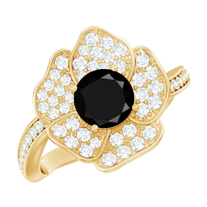 Black diamond flower engagement ring with white diamonds by Rosec Jewels, 1.3 carats, showcasing intricate design and sparkling gemstones.