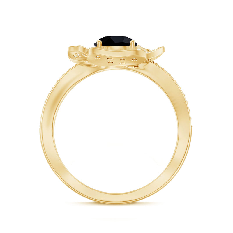 Rosec Jewels 1.3 Carat lab-grown black diamond flower engagement ring with white diamonds, featuring intricate floral design.