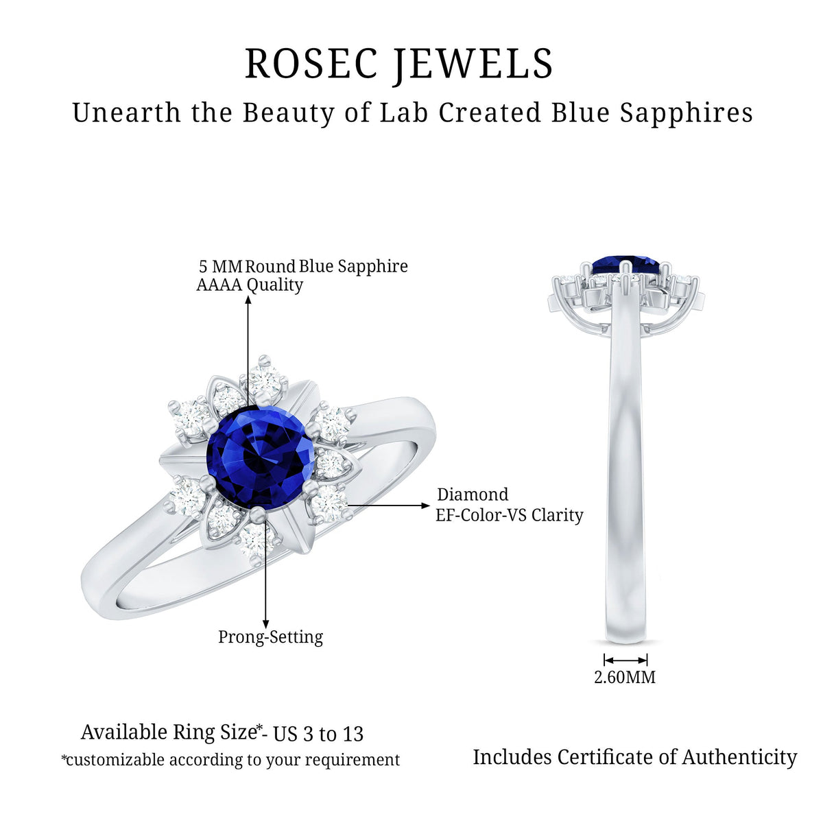 Certified 0.6 Carat Lab Grown Blue Sapphire Flower Engagement Ring with Diamond