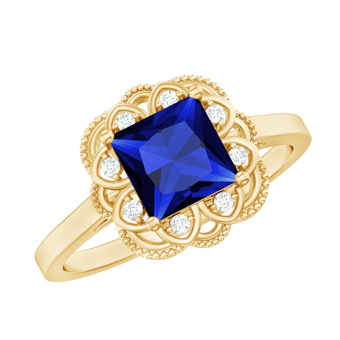 Art Deco 1.5 Carat lab-grown blue sapphire princess cut engagement ring with diamonds by Rosec Jewels, showcasing a detailed design.