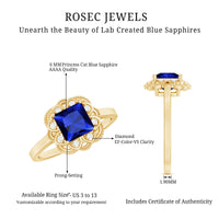 Art Deco 1.5 Carat Lab Grown Blue Sapphire Princess Cut Engagement Ring with Diamond