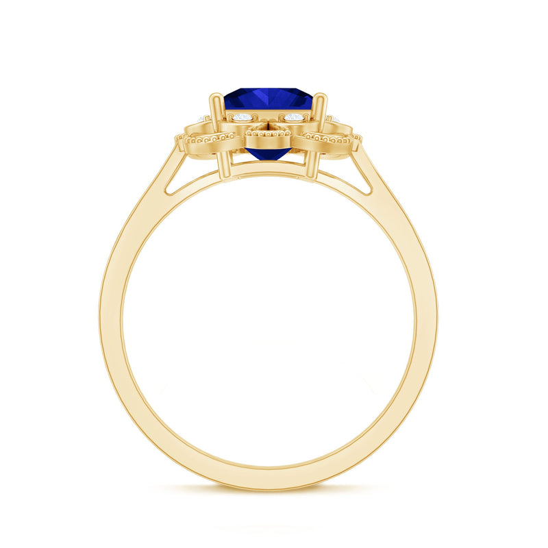 Art Deco 1.5 Carat lab-grown blue sapphire princess cut engagement ring with diamonds by Rosec Jewels, showcasing intricate design and sparkle.