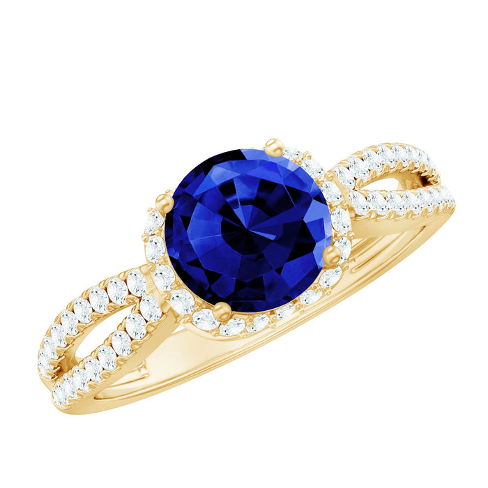 Lab grown blue sapphire engagement ring with diamonds for women, featuring a 2.7 carat gemstone and intricate band design.