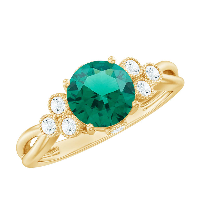 Rosec Jewels lab-grown emerald and diamond engagement ring featuring a trio of vibrant emeralds and sparkling diamonds.