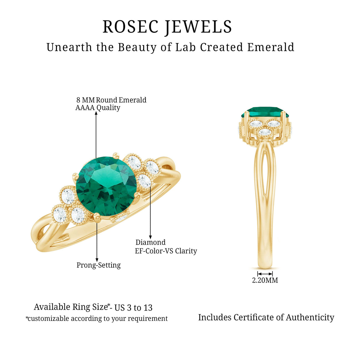 Certified Lab Grown Emerald Trio Engagement Ring with Diamond