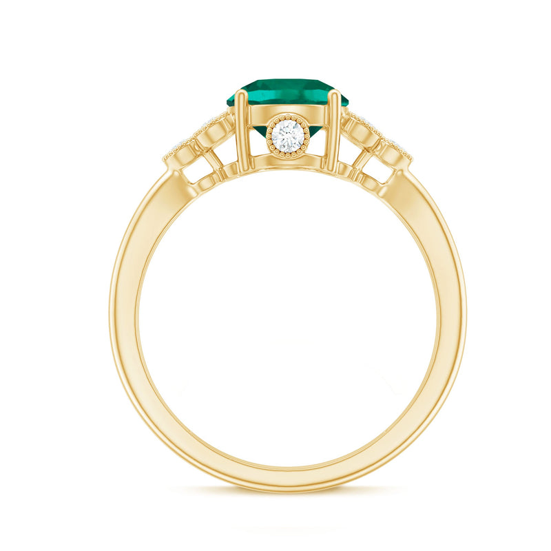 Rosec Jewels lab-grown emerald and diamond engagement ring with three vibrant emeralds and sparkling diamonds in a detailed setting.