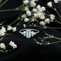 Sterling Silver Baguette Aquamarine Promise Ring with Moissanite Trio