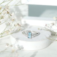 Sterling Silver Baguette Aquamarine Promise Ring with Moissanite Trio