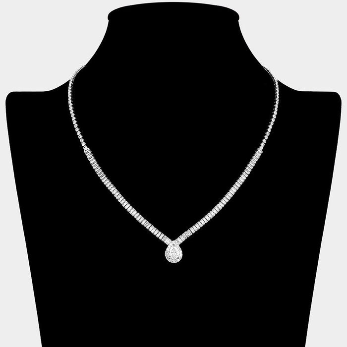 Teardrop CZ Stone Pendant Accent Baguette Stone Cluster Rhinestone Paved Necklace